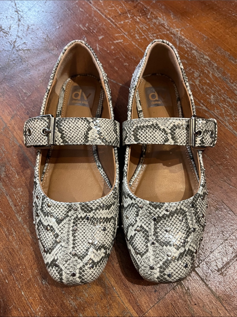Snake-Print Mary Jane Mellie Flats - Studs - grey and cream